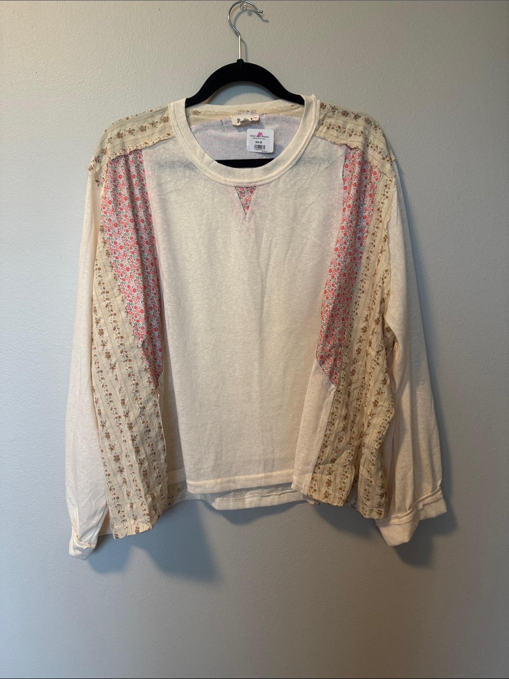 NWT POL Cream Long Sleeve Top with Pink Floral Accents